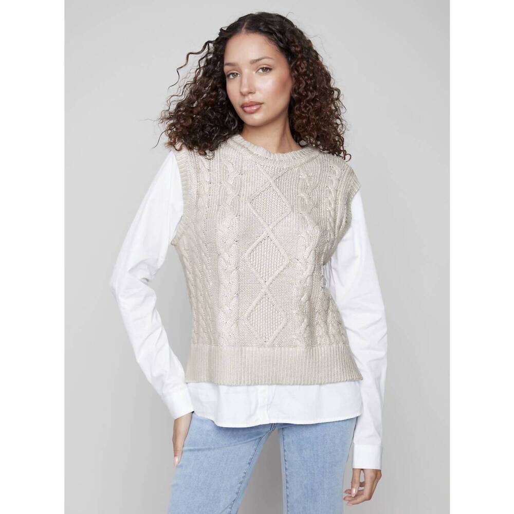 NEW CHARLIE B foiled knit fooler vest in gold